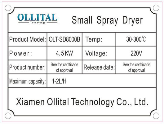 2L Laboratuvar Püskürtmeli Kurutma Ekipmanı 220V-450V 1 Yıl Garanti